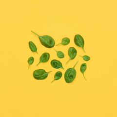 Fresh green spinach pattern on yellow background. Spinach creative layout. Flat lay. Food concept.