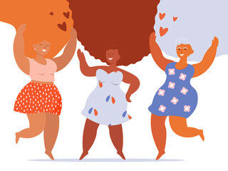 Happy attractive fat girls, women with long hair of different races are happy, laughing, dancing. The concept of self-acceptance, self-love, body positivity and feminism. Vector graphics.