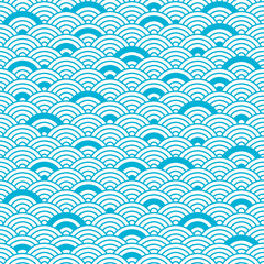 Chinese seamless pattern, vector blue waves background, sea texture. Asian illustration