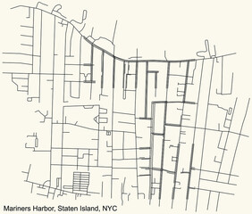 Black simple detailed street roads map on vintage beige background of the quarter Mariners Harbor neighborhood of the Staten Island borough of New York City, USA