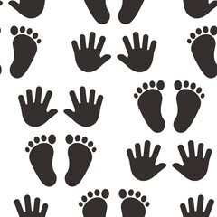 Kid footprint and handprint vector seamless pattern. Little cute steps, black silhouettes isolated on white background. Fun illustration
