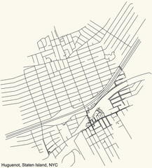 Black simple detailed street roads map on vintage beige background of the quarter Huguenot neighborhood of the Staten Island borough of New York City, USA