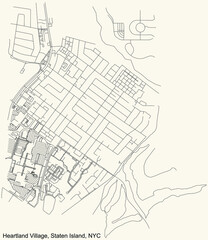 Black simple detailed street roads map on vintage beige background of the quarter Heartland Village neighborhood of the Staten Island borough of New York City, USA