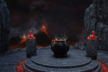 3D illustration of a dark witch's lair with bubbling cauldron