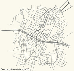 Black simple detailed street roads map on vintage beige background of the quarter Concord neighborhood of the Staten Island borough of New York City, USA
