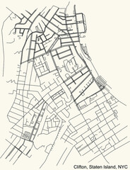 Black simple detailed street roads map on vintage beige background of the quarter Clifton neighborhood of the Staten Island borough of New York City, USA