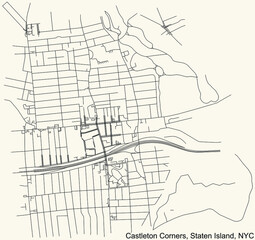 Black simple detailed street roads map on vintage beige background of the quarter Castleton Corners neighborhood of the Staten Island borough of New York City, USA