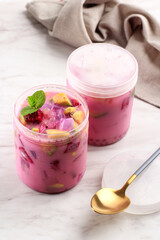 Ready to Eat Sop Buah or Es Buah is Mixed Fruit with Coconut or Simple Syrup, Served with Shaved Ice and add Condensed Milk. Popular for Buka Puasa (Breakfasting)