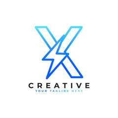Initial Letter X Logo With Lighting Thunder Bolt in Linear Style. Alphabet Suitable for Fast, Power, Flash, Electric, Identity, Moving and Speed.