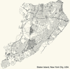 Black simple detailed street roads map on vintage beige background of the quarter Staten Island borough of New York City, USA
