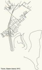 Black simple detailed street roads map on vintage beige background of the quarter Travis neighborhood of the Staten Island borough of New York City, USA