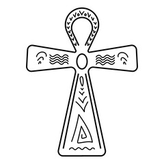 line art ancient egyptian cross with various symbols of black color on white isolated background