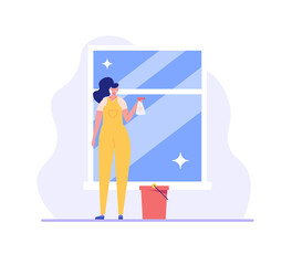 Cleaners woman working in office or home. Janitor or housekeeper in uniform. Concept of cleaning service, cleanup house, housekeeping. Vector illustration in flat design for web banners