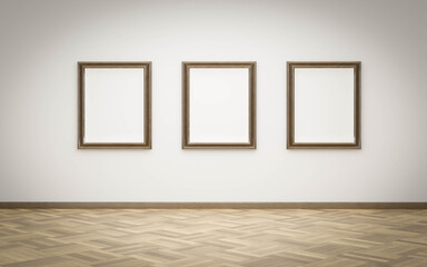 empty wooden frames with white canvas in art gallery exhibition with wood floor 3d render illustration