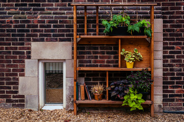bookcase shelf, with plants. Flower pots various, a repurposed book shelf, urban garden