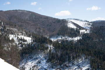 Fototapeta na wymiar Beautiful views of the mountains and forest in winter. View from Mount Pogar. Slavsko. Carpathians. Ukraine.