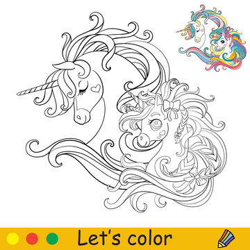 Cute head of two unicorns in profile coloring vector