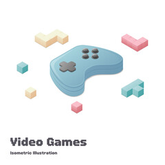 Video game concept. Isometric colored vector illustration. Isolated on white background.