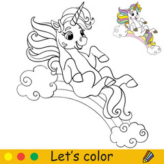 Unicorn rolls down the rainbow coloring vector