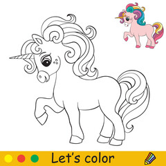 Cute beautiful cartoon unicorn coloring vector illustration