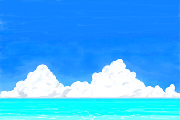 夏の青空と入道雲、エメラルドグリーンの海