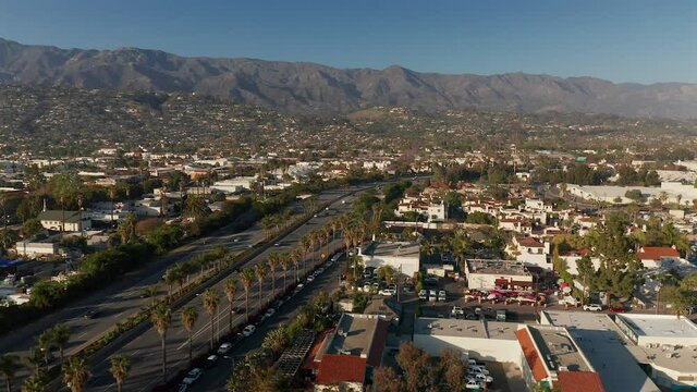 Aerial view over the Pacific coast highway running through Santa Barbra, California