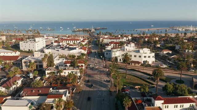 Aerial view over State street towards Stearns Wharfs and the beach, in Santa Barbra, California