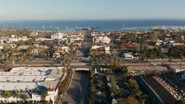 Aerial view over State street and Pacific coast highway, in Santa Barbra, California