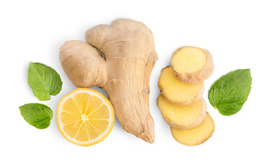 ginger lemon and mint on an isolated white background. composition top view