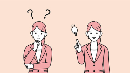 疑問　考え事　アイデア　閃く　ポーズ　スーツ姿の女性　イラスト素材