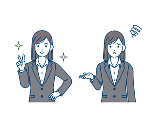 スーツ姿の女性　会社員　ピースする　困るポーズ　イラスト素材