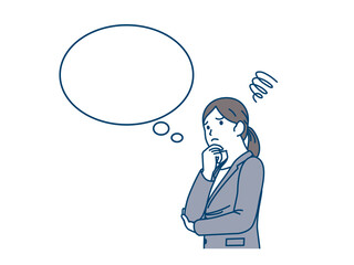悩むスーツ姿の女性　会社員　不安　心配　吹き出し　イラスト素材
