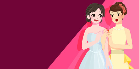 ドレス姿で腕を組む女性カップルのイラスト