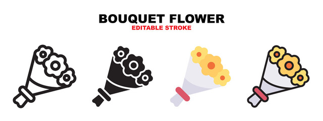 Bouquet Flower icon set with different styles. Icons designed in filled, outline, flat, glyph and line colored. Editable stroke and pixel perfect. Can be used for web, mobile, ui and more.