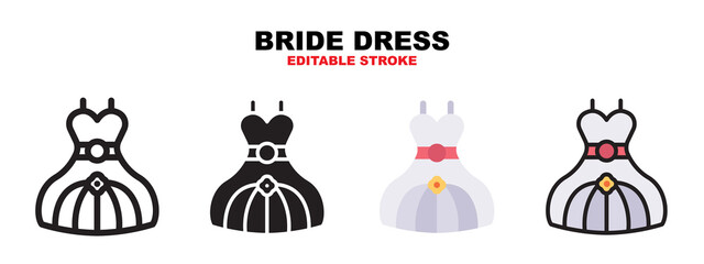 Bride Dress icon set with different styles. Icons designed in filled, outline, flat, glyph and line colored. Editable stroke and pixel perfect. Can be used for web, mobile, ui and more.