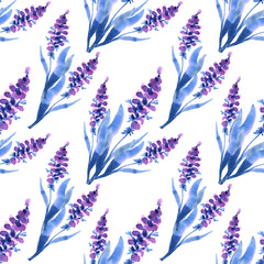 Seamless pattern watercolor hand-drawn blue and purple abstract lavender with leaves isolated on white background. Branch nature object for florist, wedding, celebration, wallpaper, textile, wrapping