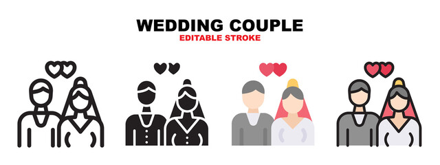 Wedding Couple icon set with different styles. Icons designed in filled, outline, flat, glyph and line colored. Editable stroke and pixel perfect. Can be used for web, mobile, ui and more.