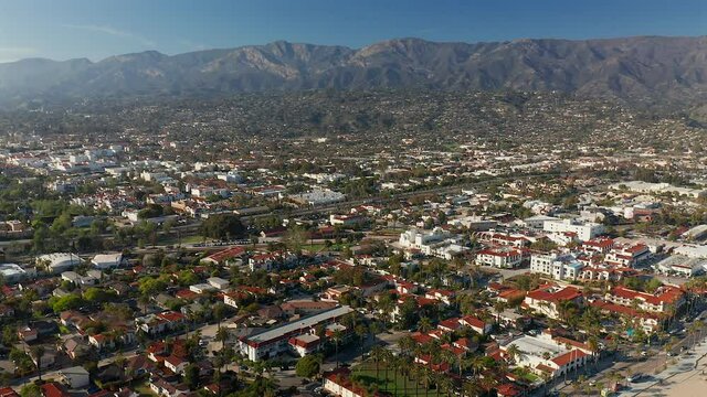 Sideways aerial view over Santa Barbra, California. Captured in the evening