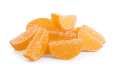 Sweet orange jelly candies on white background
