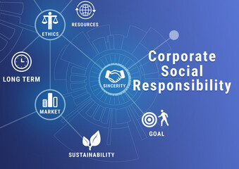 Corporate social responsibility infographic on blue background, illustration