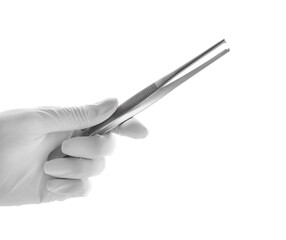 Doctor holding surgical forceps on white background, closeup. Medical instrument