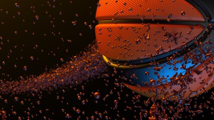 Orange-Black Basketball with Particles under Orange-Blue lighting background. 3D illustration. 3D high quality rendering. 3D CG.