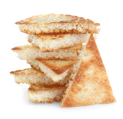 Delicious crispy pita chips on white background
