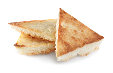 Delicious crispy pita chips on white background
