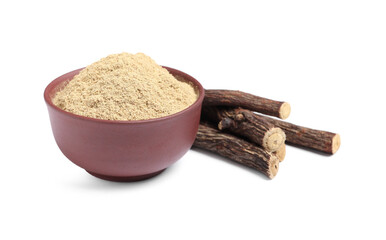 Powder in bowl and dried sticks of liquorice root on white background