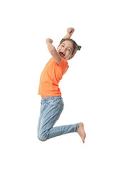 Cute little girl jumping on white background
