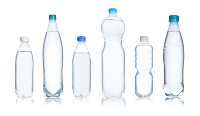 Set with different bottles of pure water on white background. Banner design