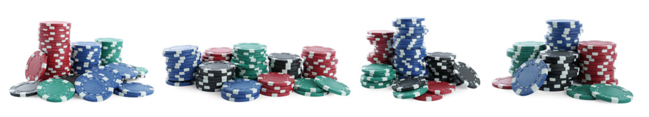 Set with stacks of different casino chips on white background, banner design. Poker game