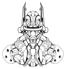 Black and white hand drawn illustration robot knight
