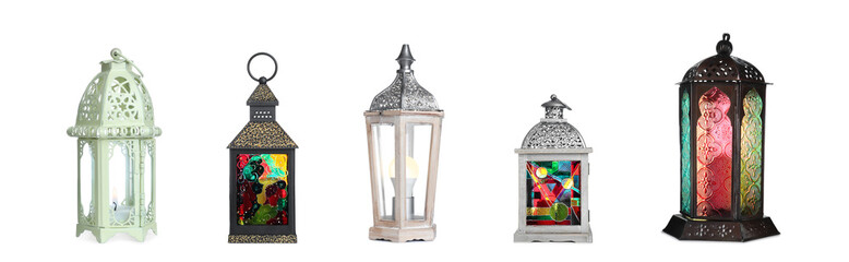 Set with different traditional Arabic lanterns on white background. Banner design